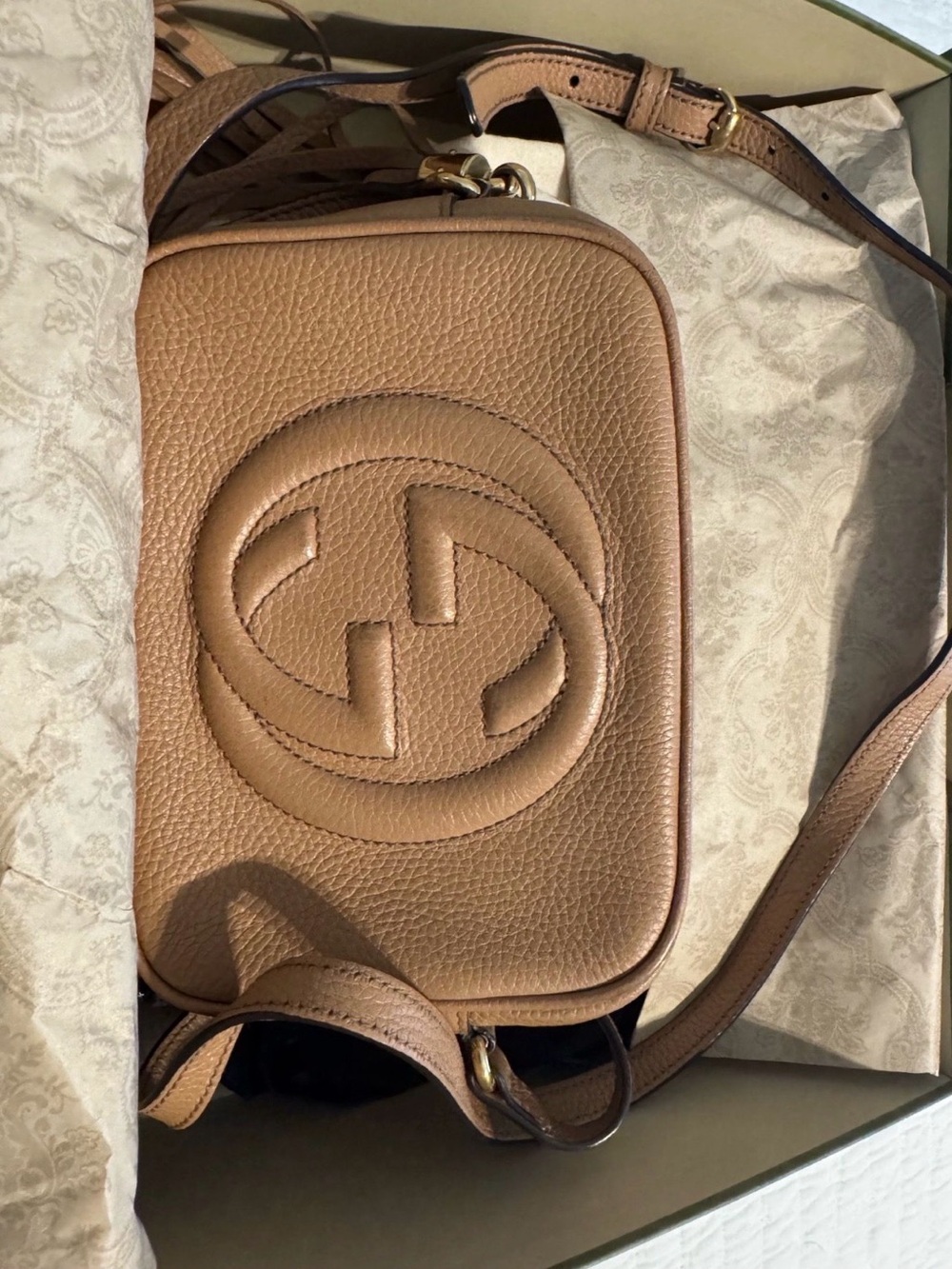 Gucci Tan Pebbled Leather Crossbody with Embossed Double-G